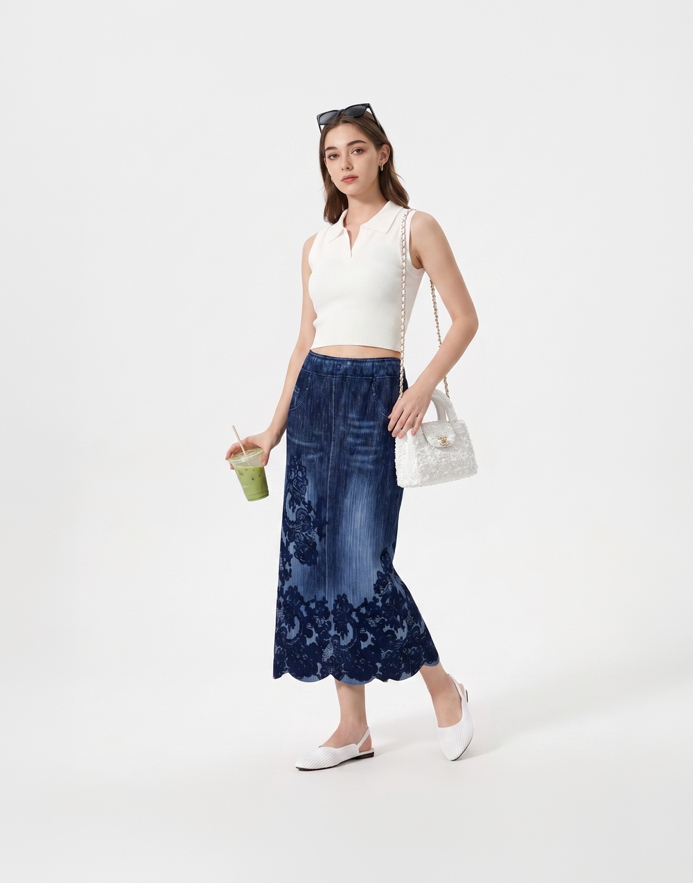 Cooling, Breathable & Stretchy Free Size Manhattan Pleated Denim Skirt With Pockets