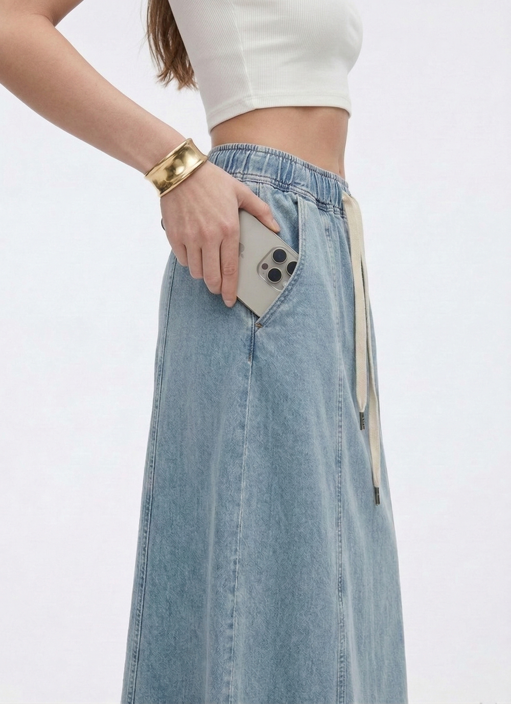 Cooling & Buttery Soft Mermaid Denim Skirt With Adjustable Waistband & Pockets