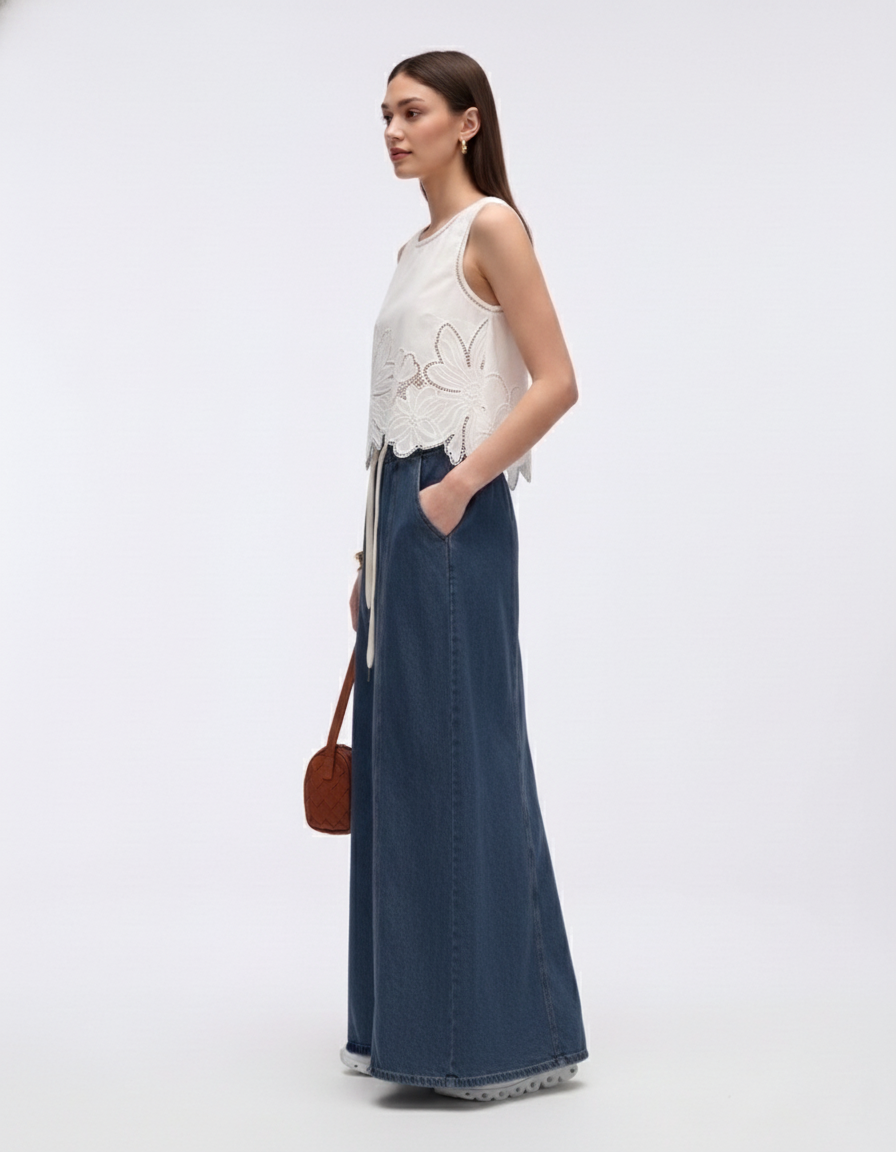 Cooling & Buttery Soft Mermaid Denim Skirt With Adjustable Waistband & Pockets