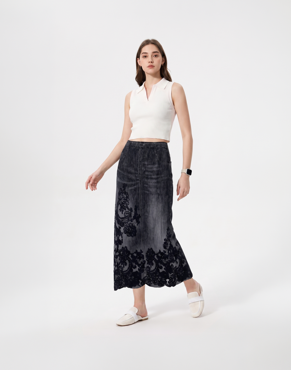 Cooling, Breathable & Stretchy Free Size Manhattan Pleated Denim Skirt With Pockets