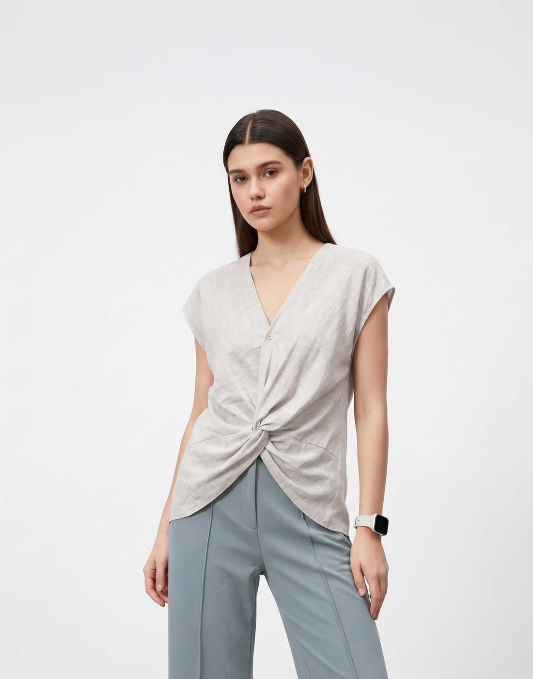 Cooling, Breathable, Crease-Resistent & Tummy Covering Polished Twist Top With Cap Sleeves