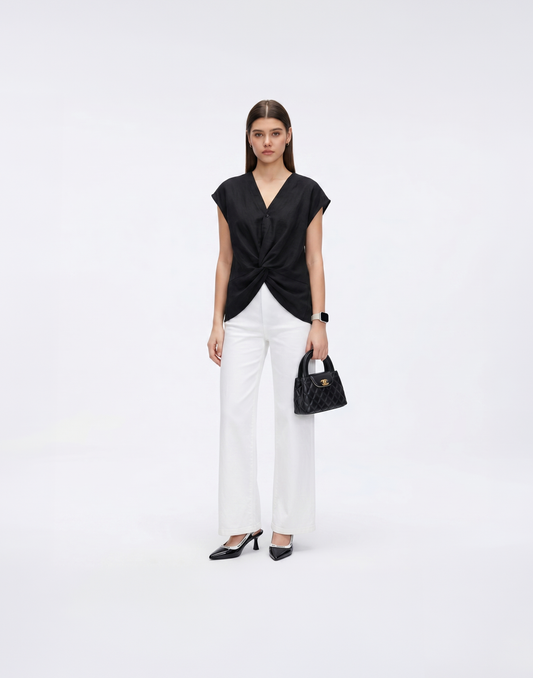 Cooling, Breathable, Crease-Resistent & Tummy Covering Polished Twist Top With Cap Sleeves