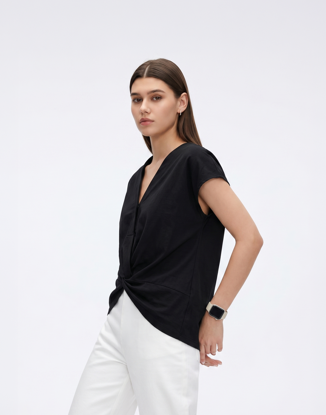 Cooling, Breathable, Crease-Resistent & Tummy Covering Polished Twist Top With Cap Sleeves