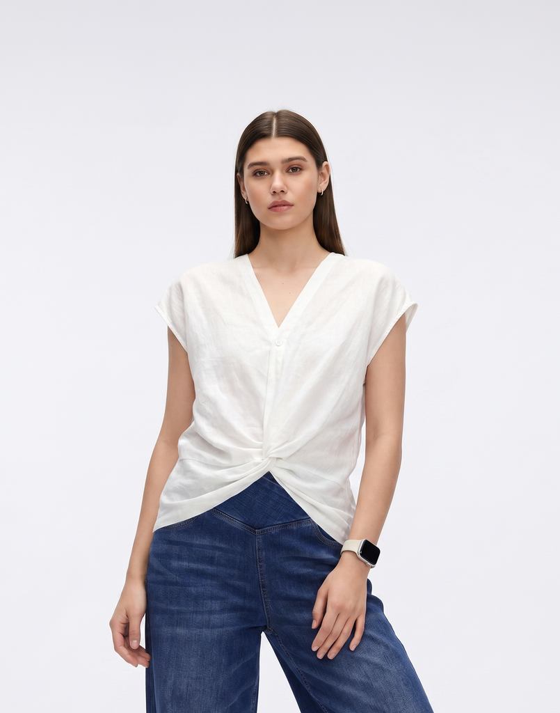 Cooling, Breathable, Crease-Resistent & Tummy Covering Polished Twist Top With Cap Sleeves