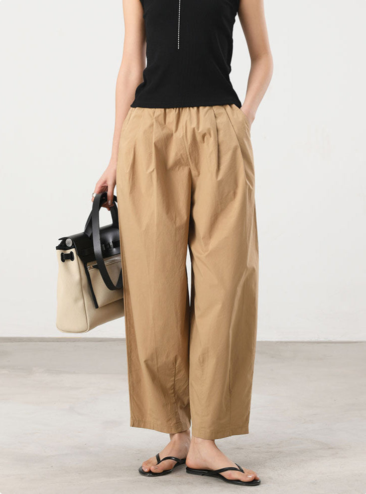 Cooling & Crease-Free Barrel Trousers With Elastic Waistband & Pockets